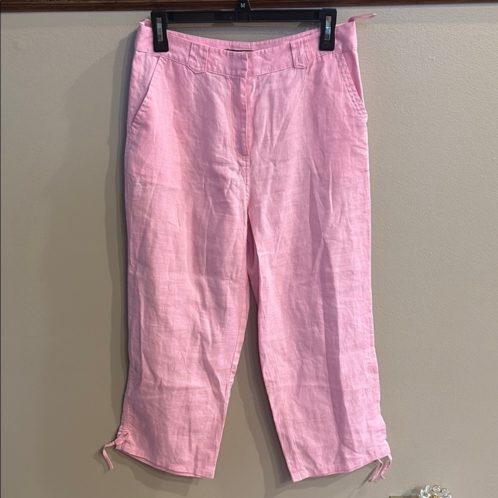 Boston Proper Barbie Pink Linen capris straight cut tie accent hem pockets 6